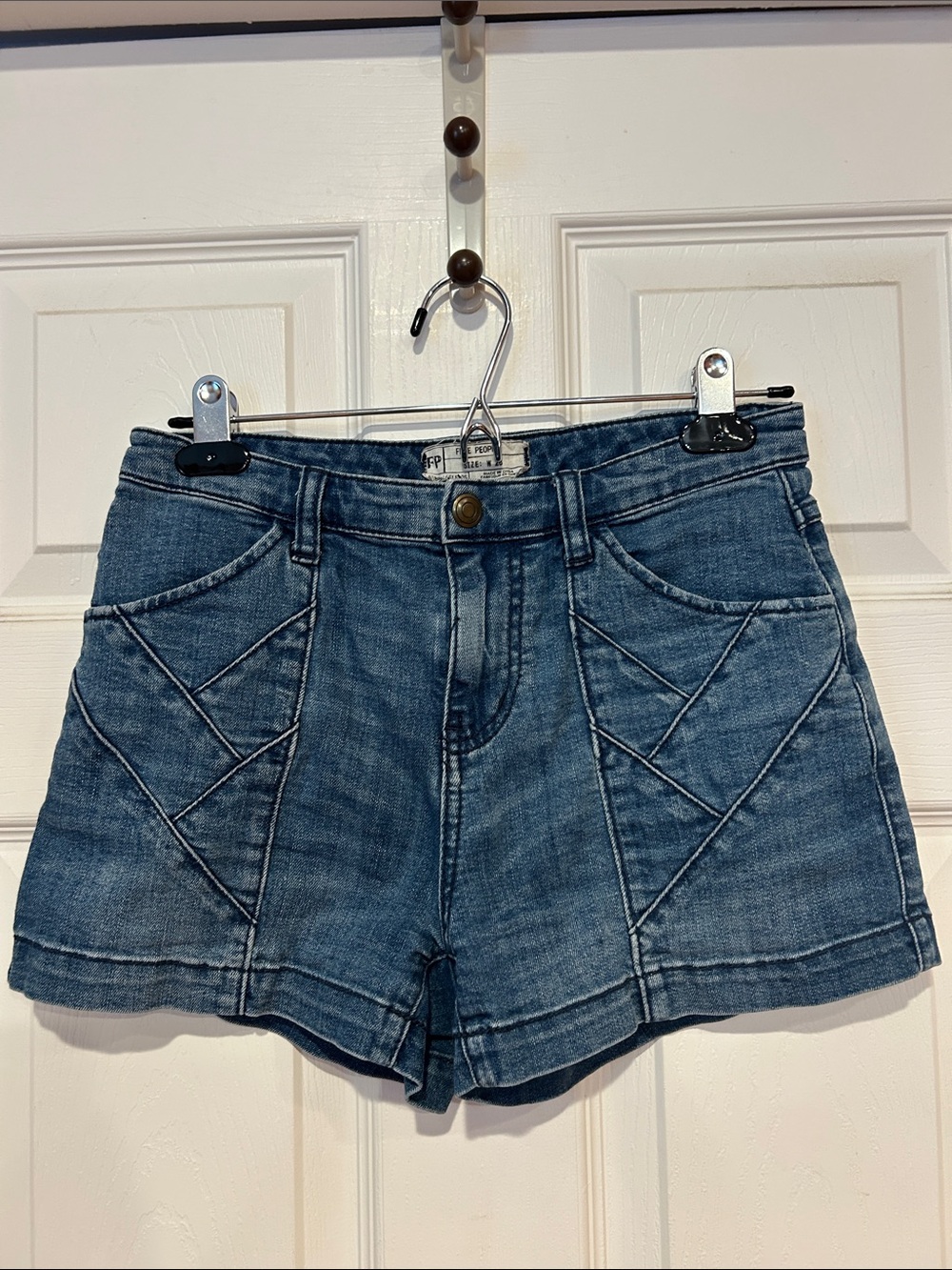 Free People Indigo Patch-Detail High-Rise Jean Shorts